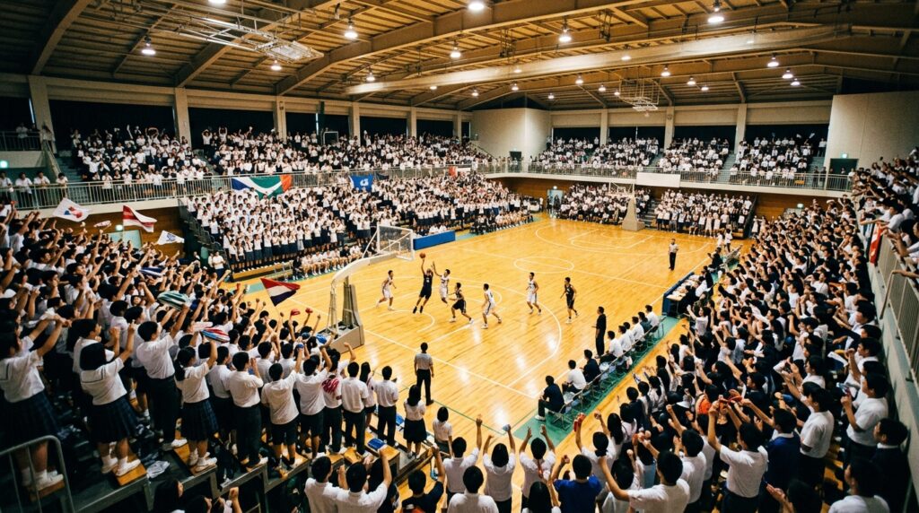 満員の観客が沸く高校バスケの試合を2階席から見下ろした全景
