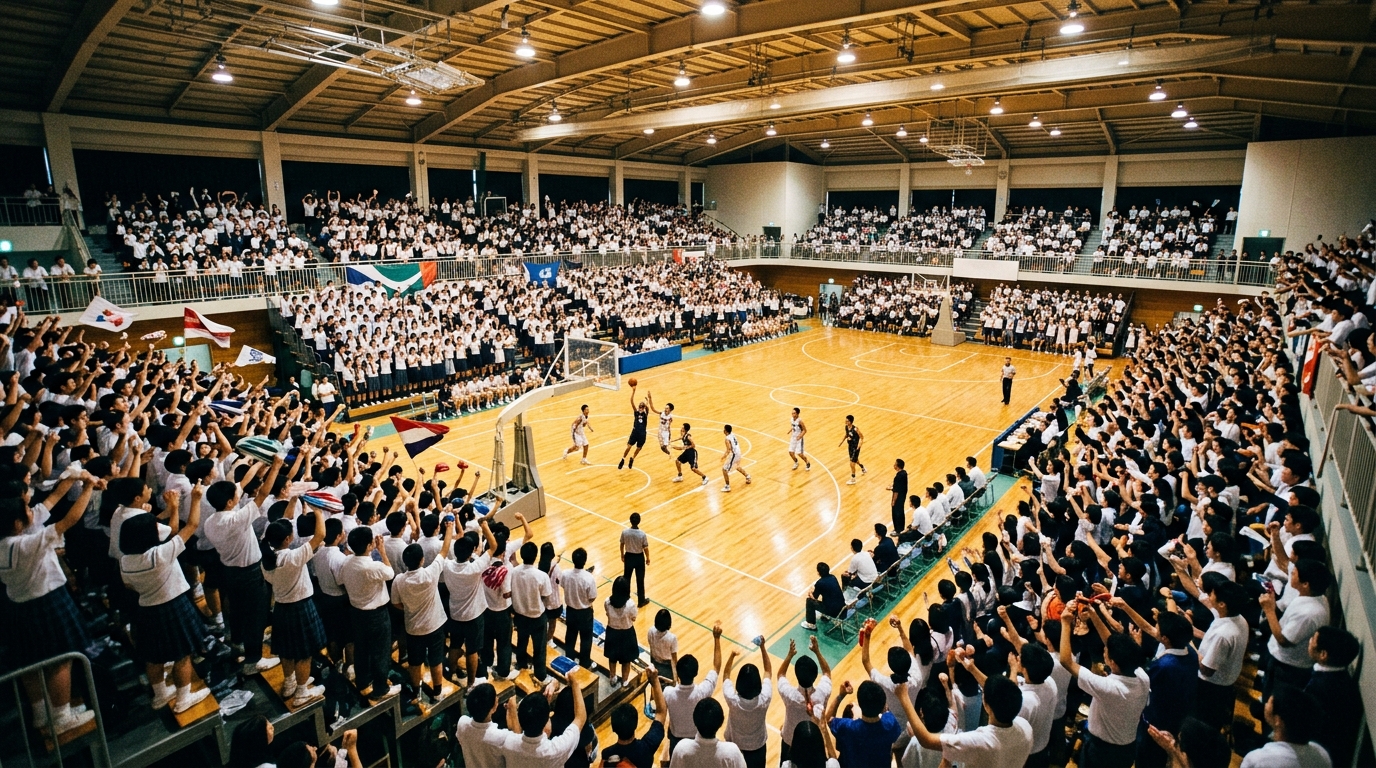 満員の観客が沸く高校バスケの試合を2階席から見下ろした全景