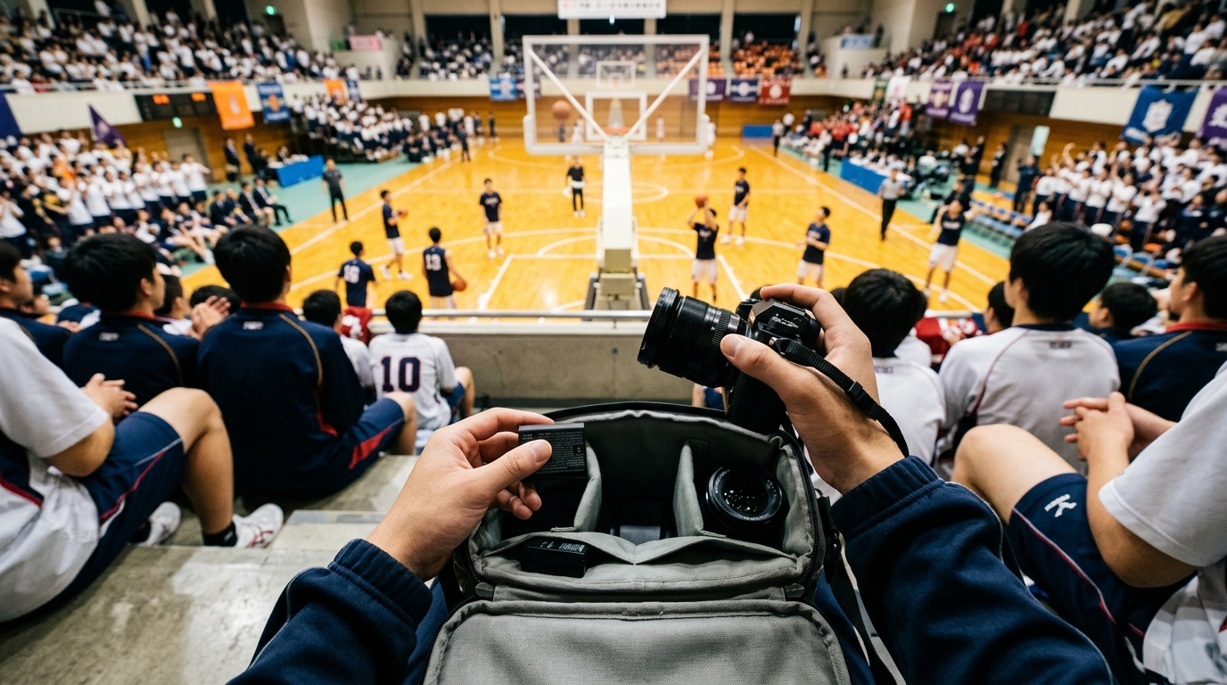 満員の会場で、試合前にカメラとバッテリーを準備している手元