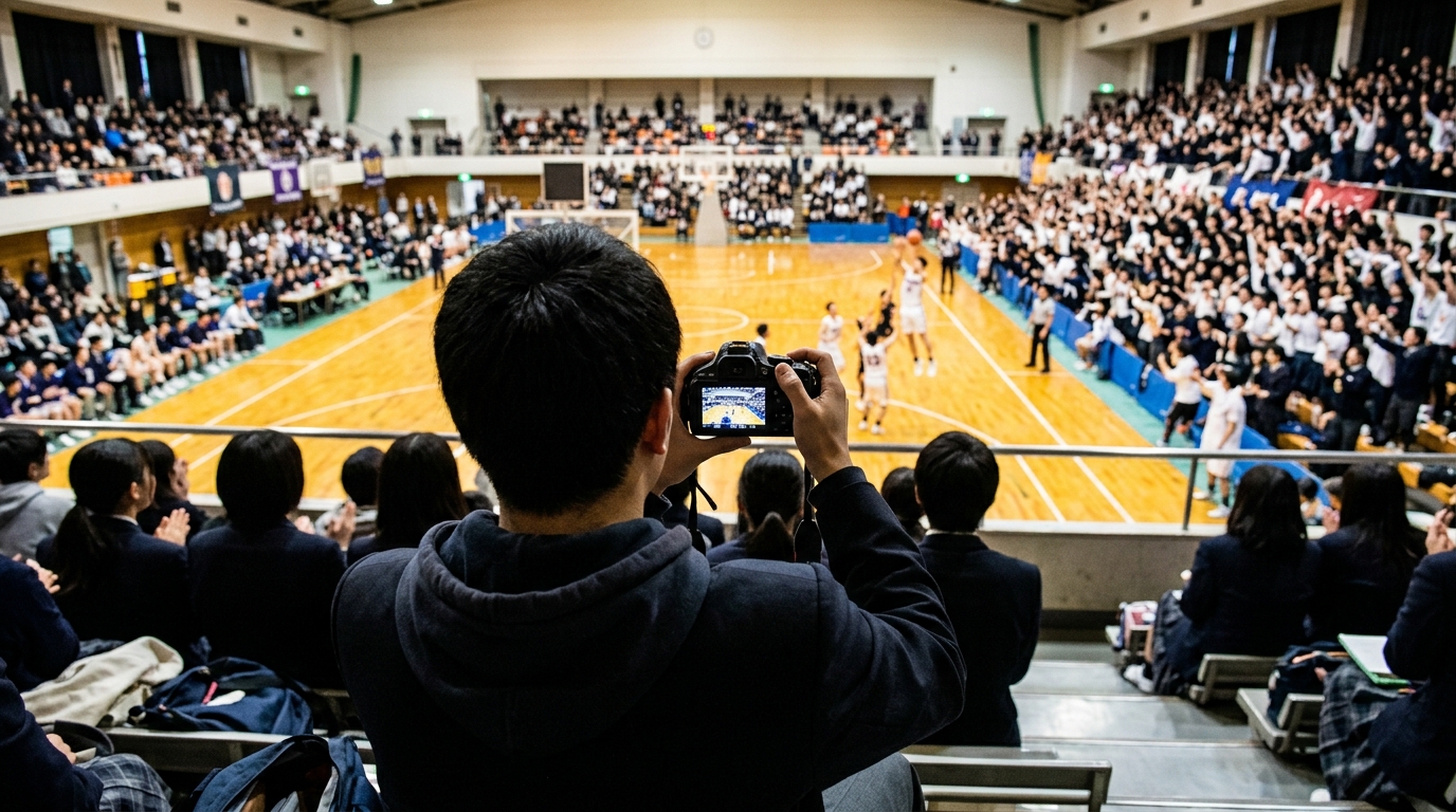 満員の観客席に座り、沸き立つ試合を撮影している後ろ姿