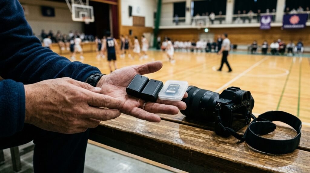 試合の合間に予備バッテリーとカードを確認している手元