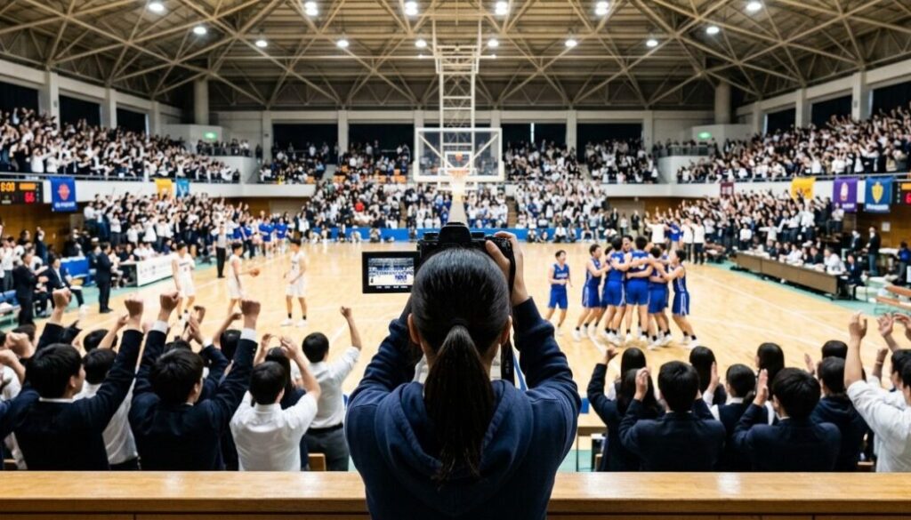 満員の観客が沸く試合の決定的瞬間を、観客席から撮影している後ろ姿