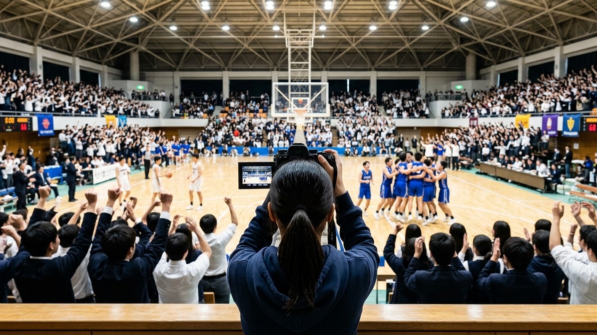 満員の観客が沸く試合の決定的瞬間を、観客席から撮影している後ろ姿