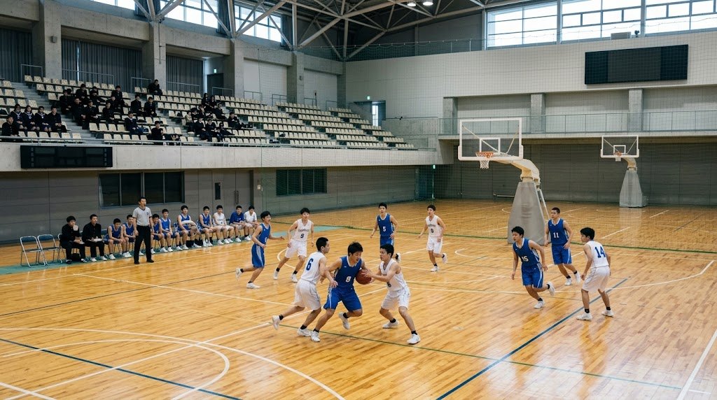 観客の少ない体育館で行われるバスケットボールの試合