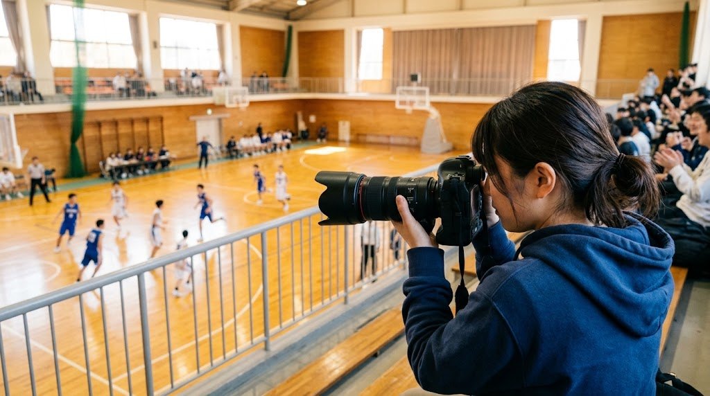 体育館の2階席から望遠レンズで選手を撮影する人