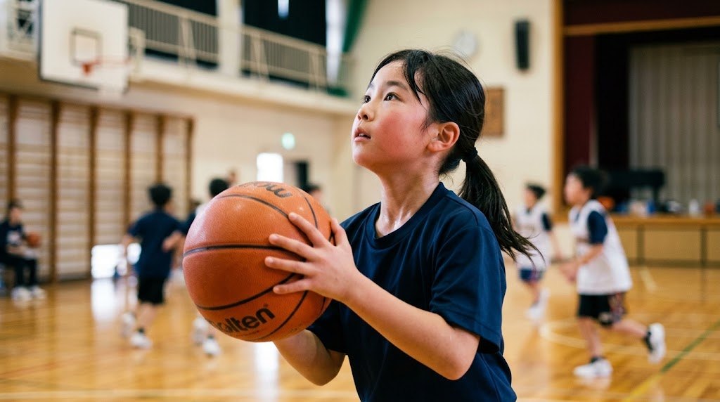 ミニバスの試合でドリブルする小学生
