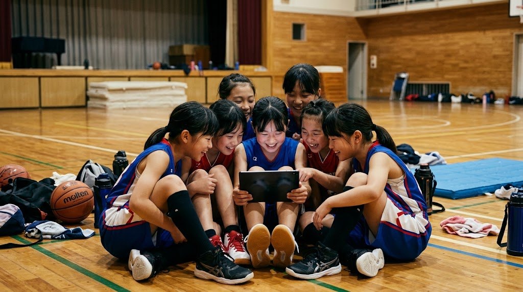 タブレットで自分のプレー動画を見る子供
