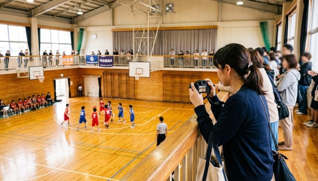 体育館の2階席からミニバスの試合を撮影する保護者