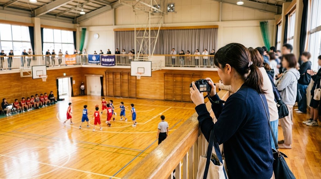 体育館の2階席からミニバスの試合を撮影する保護者