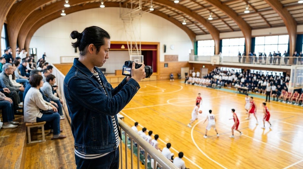カメラを手持ちで構えてバスケットボールの試合を撮影する様子