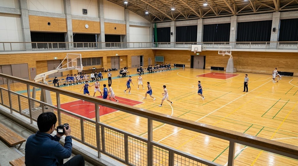 体育館の2階席から見渡したバスケットボールの試合と手持ちで撮影する人
