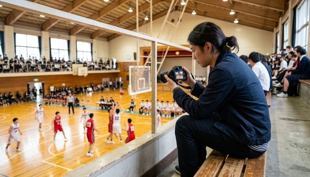 体育館の2階席から手持ちでバスケットボールの試合を撮影する様子