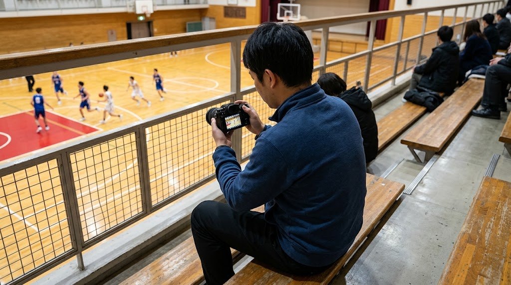 体育館の2階席のベンチに座って試合を撮影する撮影者の後ろ姿