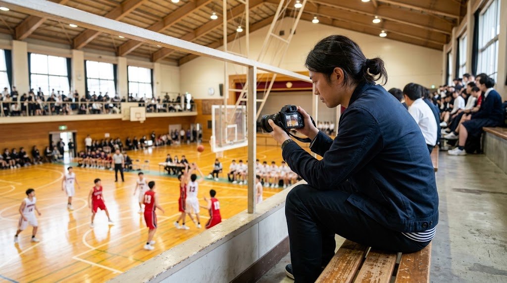 体育館の2階席から手持ちでバスケットボールの試合を撮影する様子