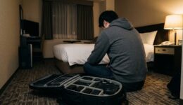 ホテルの部屋で開いたカメラバッグの前にうなだれて座り込む撮影者の後ろ姿